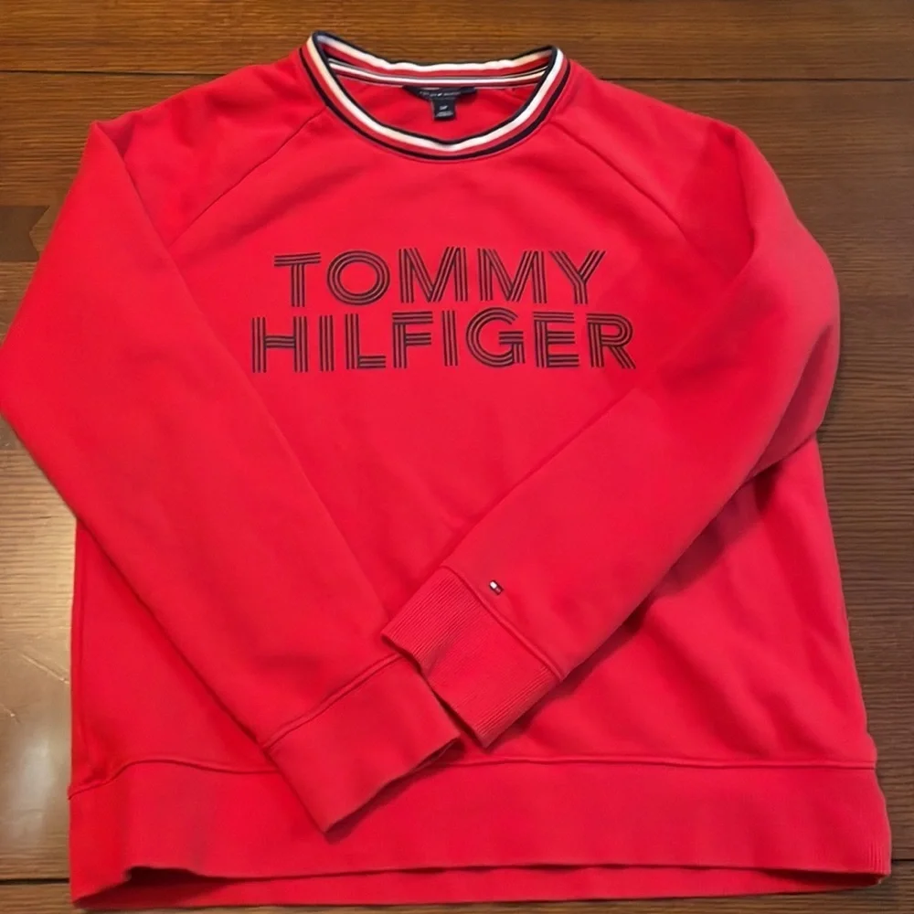 Tommy Hilfiger red sweatshirt top. Small. Spell out across front